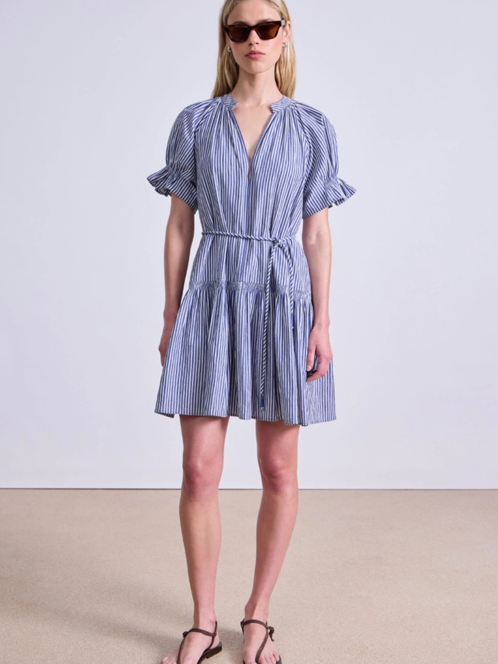 Apiece Apart Marza Mini, Blue and White Striped Tiered Mini Dress
